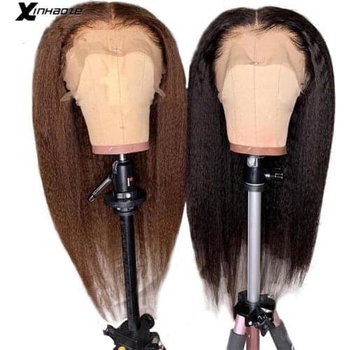 Brown/Black Kinky Straight Wigs 13x4 Lace Front Human Hair Wigs For Women Remy Peruvian 180% Natural PrePlucked Yaki Human Wigs