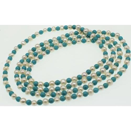 Freshwater pearl WHITE near round +green HOWLITE Turquoise necklace 120cm Wholesale for women xmas gift