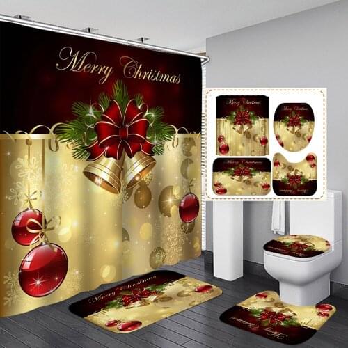 Christmas Ring Bell Shower Curtain Set Waterproof Bathroom Curtains with Hooks Non-Slip Pedestal Rug Lid Toilet Cover Bath Mat