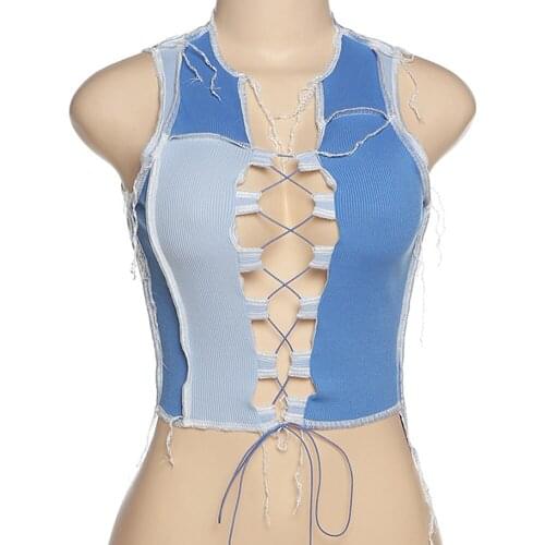 Sexy Bandage Cut Out Hole Crop Tops Women Camisole Summer Chic Punk Style Ribbed Knitted Tank Club Wear Mujer