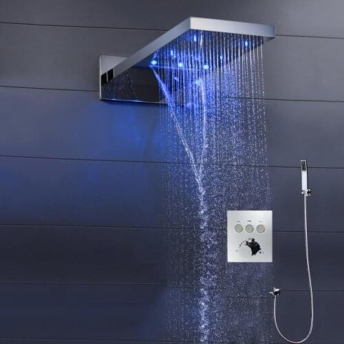 Modern LED Rain Shower Set Waterfall Rainfall Shower Head Panel 3-way Button Touch Thermostatic Mixer Bathroom Shower Faucets