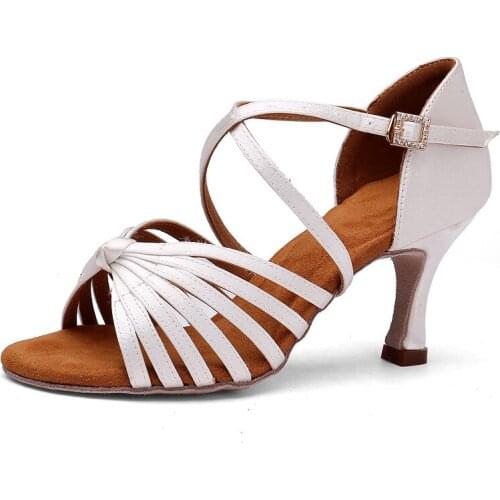 Ballroom Latin Dancing shoes Women Smoothly Satin Tan black white 2inch 2.5inch Meduim heel Bachata Salsa Latin Dancing Shoes fo