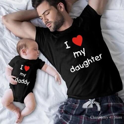 I Love My Daddy/Daughter Family Matching Outfits Father Daughter Look Tshirt Summer Cotton Daddy Baby Romper Matching Clothes