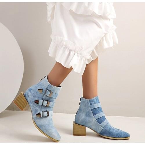 YMECHIC 2020 Square Heels Punk Shoes Blue Snake Print Buckle Strap Winter Motorcycle Ankle Biker Boots Women Booties Plus Size