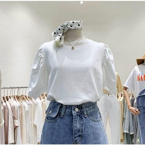 Puff Sleeved Women White T-Shirts Summer New Design 2021 O-Neck Slim Elegant Office Lady Pulls Outwear Tops Tees