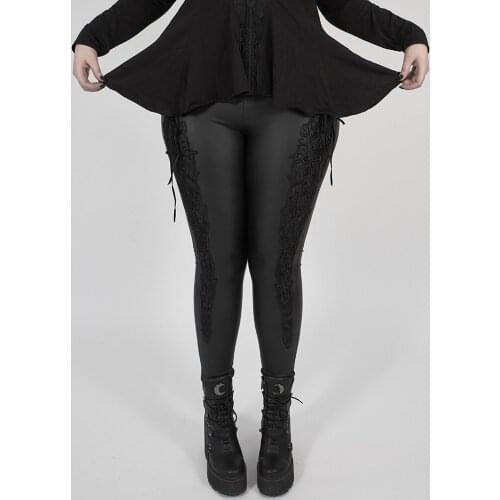 PUNKRAVE Womens Gothic Stretch Tigh Imitation Leather Knit Legging Exquisite Ribbon Slim Fiit Small Foot Casual Trousers