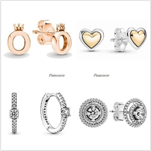 Authentic 925 Sterling Silver Earring Two Tone Domed Golden Heart Stud Earrings For Women Wedding Gift Pandora Jewelry