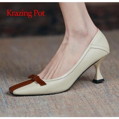 Krazing Pot spring recommend genuine leather square toe strange high heels mixed colors retro fashion classic women pumps L05