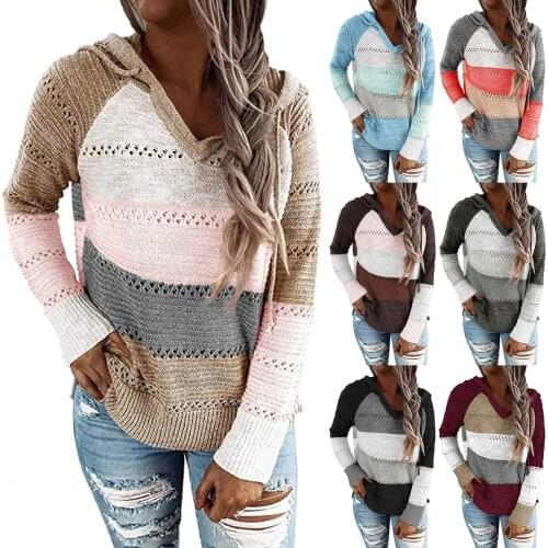 Sweaters For Women Pullover 2021 Knitted Hooded long-sleeved Loose Fashion Striped Stitching Ladies Knitted Sweater MMY120179