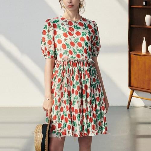 Red Rose Floral Print Pleated Dress Women 2021 Summer Dress Short Sleeve Ruffles High Waist Loose Holiday Vacation Mini Dress
