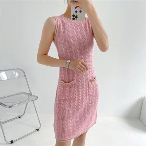 Luxury Brand Designer Knitted Tank Dress Women 2021 Early Autumn Pink/Black Loose Straight Mini Sleeveless Sweater Dress