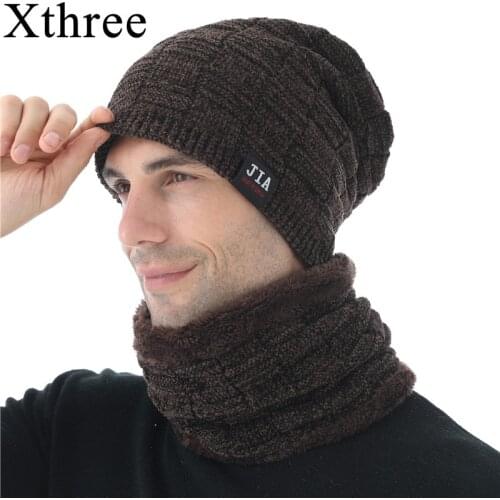Xthree Winter Mens Beanies Skullies Hat For Men Chenille Knitted Hat Scarf With Lining Male Gorras Bonnet Winter Hats Beanie