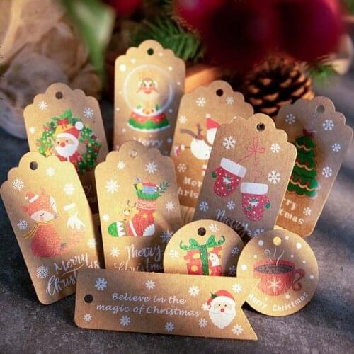 Christmas Ornaments Gift Tag Kraft Paper Santa Claus Snowman Pattern Party Crafts Gift Wrapping Hanging Labels With Rope 50pcs