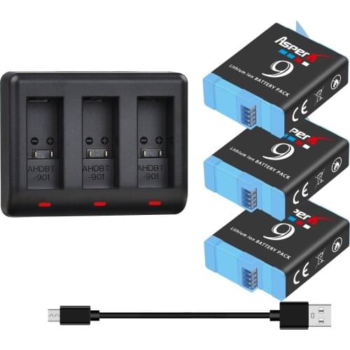 AHDBT-901 Replacement Batteries & 3-Slots USB Charger With LED indication kit, For Gopro hero 9 Black