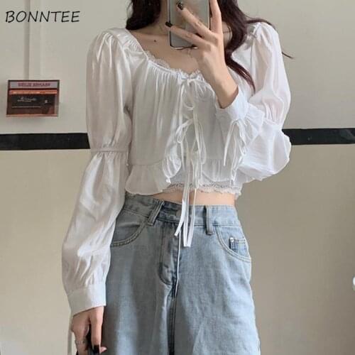 Blouses Women Summer Thin Crop Top Slim French All-match White Ins Tunic Sexy Navel Fashion College Sweet Shirring Design Mujer