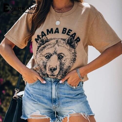 Everkaki Bear Print T-shirt Women Tops Russian Popular Summer Tees Ladies Chic Top T-shirts Streetwear Female 2021 New Fashion