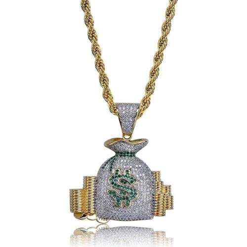 Hip Hop Money Bag Stack Cash Coins Pendant Necklaces Gold color Cubic Zircon Necklaces for Men Charm Jewelry Gifts