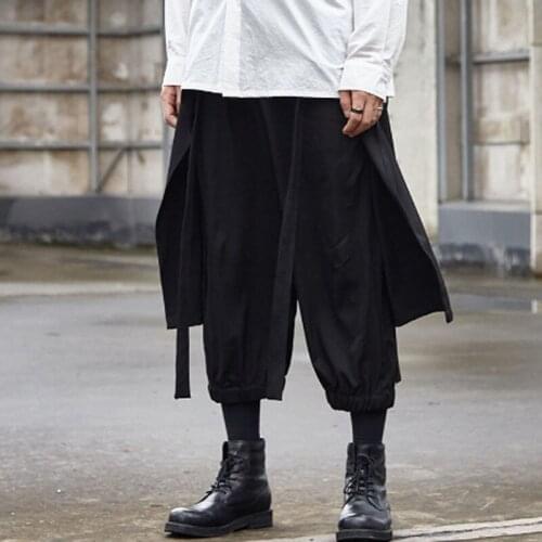 Homens splice solto casual preto harem calças masculino feminino japão streetwear hip hop saia gótica trouers quimono calças rou