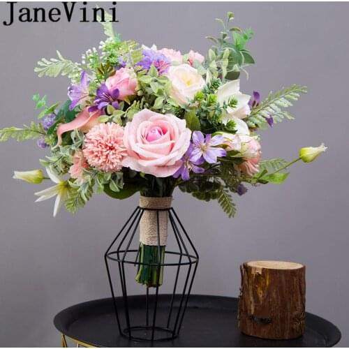 JaneVini Romantic Pink Purple Wedding Flowers Bridal Bouquets Silk Rose Western Wedding Bohemian Bride Brooch Bouquet De Mariage