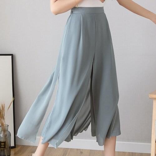 2021 Summer Three-color Wide-leg Pants Women Loose Drape Chiffon Pant Lady Comfortable Nine-point Hakama Pantalones Mujer 15512