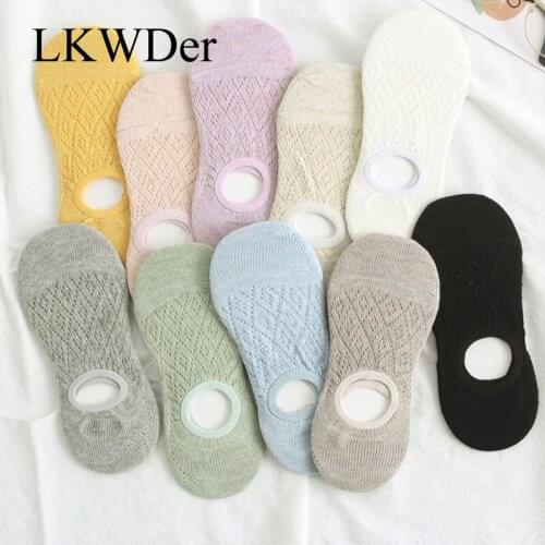 LKWDer 5 Pairs/Lot Women Silicone non-slip invisible Socks Summer Pure Color Mesh Ankle Boat Socks Female Cotton Slipper No show