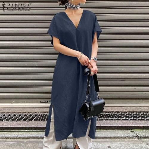 ZANZEA Fashion Summer V Neck Short Sleeve Dress 2021 Elegant Solid OL Work Midi Vestidos Kaftan Robe Casual Split Hem Sundress