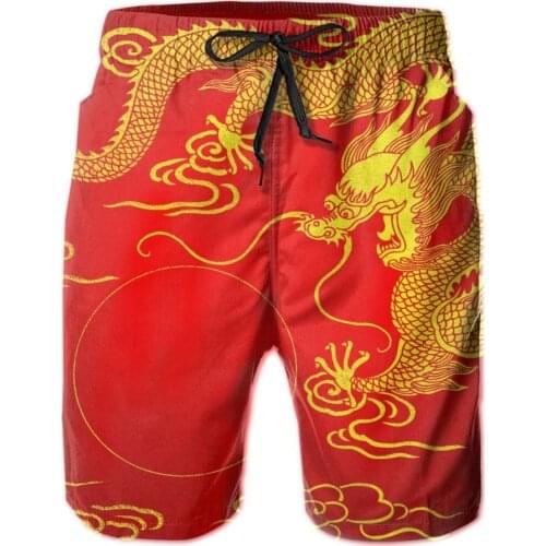 Mens Swimwear Swim Shorts Trunks Dragon Gold On RED Beach Board Shorts Swimming Swimsuits Mens Running Sports Surffing shorts