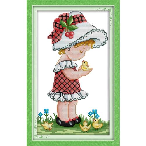 Lovely girl chicken cross stitch kit cartoon aida 14ct 11ct count printed canvas stitches embroidery DIY handmade needlework