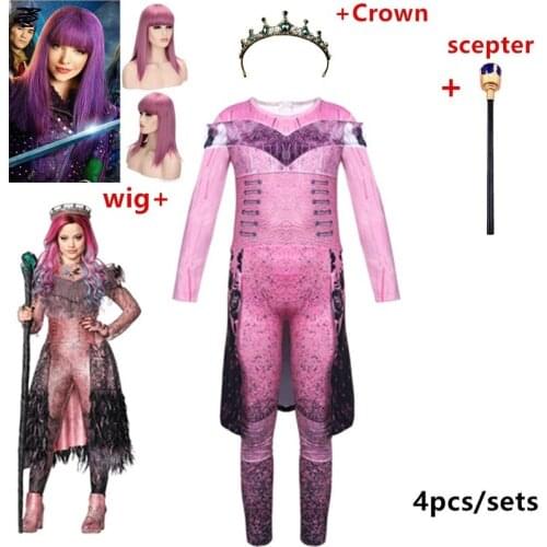 New Hot selling Descendants 3 Mal Bertha Maleficent anime Cosplay Costume Jumpsuits suit wig Halloween Carnival Costume for Kids