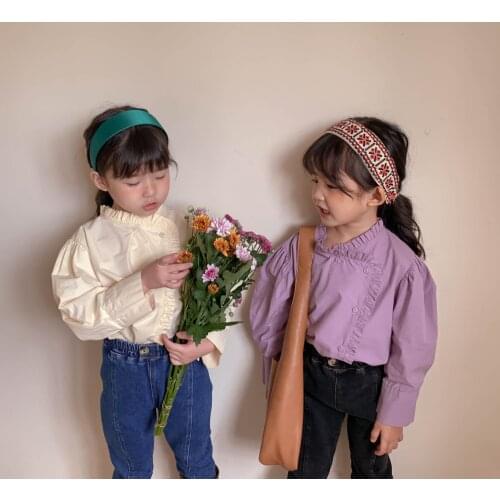 2021 Autumn New Korean Style Baby Girls Solid Color Shirts Puff Sleeve Ruched Collar Tops Toddlers Kids Blouses