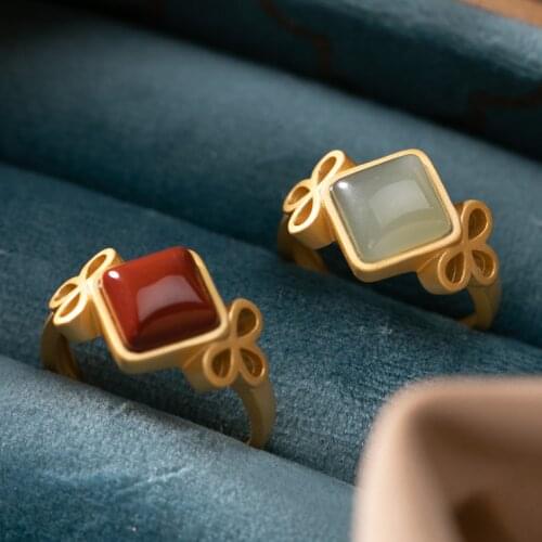 New silver inlaid with natural south red bow knot adjustable ring Chinese unique sand gold craft charm womens jewelry