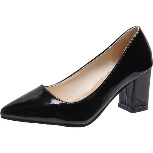New Hot Women Pumps Black High Heels Lady Patent Leather Thick with Autumn Pointed Single Shoes Female Womens Shoes Size 33-43