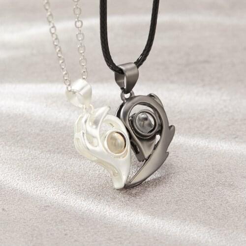 2Pcs Magnetic Couple Necklace 100 Languages I Love You Projection Heart Pendant Necklace For Women Men Lovers Jewelry 2021 New