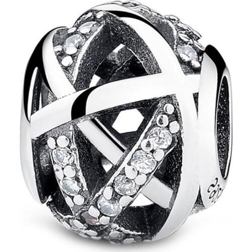 Authentic 925 Sterling Silver Charm Hollow Staggered Line Crystal Beads For Original Pandora Charm Bracelets & Bangles Jewelry