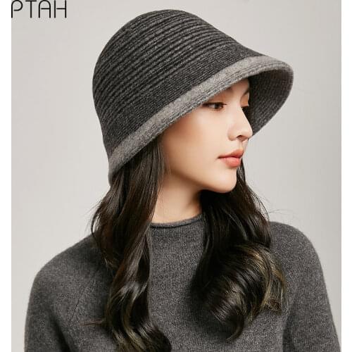 [PTAH] Autumn Winter Bucket Hat Fedora Extra Wide Brim Hats For Women Fashion Knit Hat Winter Warm 100% Wool Caps Hats For Girls