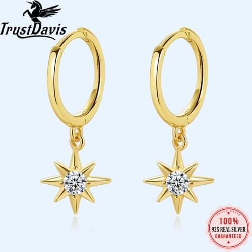 Trustdavis Authentic 925 Sterling Silve Geometric Star Zircon Hoop Earrings For Fashion Women Party Fine Jewelry Accessories