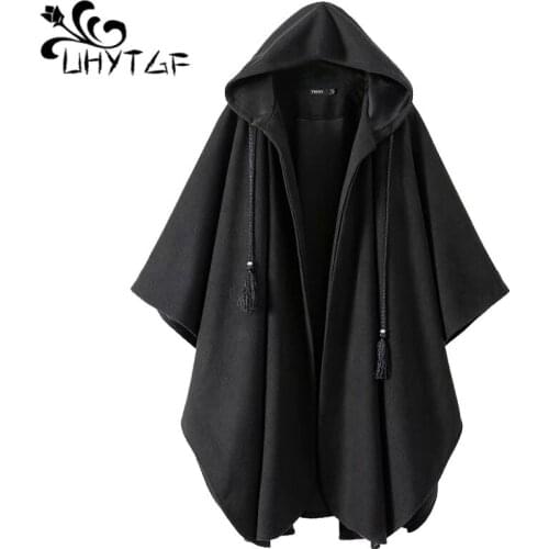UHYTGF Spring Autumn Coat Women Cloak Woolen Trench Coat Black Coats Cardigans Female Long Trench Overcoat Manteau Femme 887