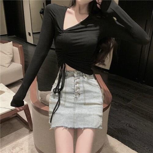 Autumn Fashion Women Tshirt Drawstring Short Bottomed T Shirts Shirt Femme V-neck Sexy Slim Open Navel Long Sleeve T-shirt Tops