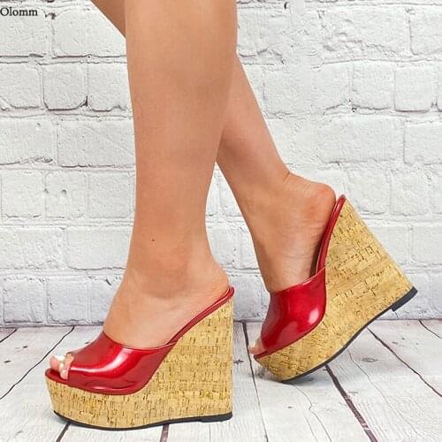 Olomm Handmade Women Summer Mules Sandals Wedges Heel Peep Toe Gorgeous Red Party Shoes Size 35 47 52