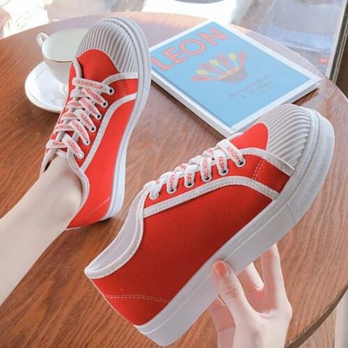 Lady shoes women fashion Lightweight Breathable Vulcanized shoes casual sports Lace-Up Flat shoes ladies Round head White Red