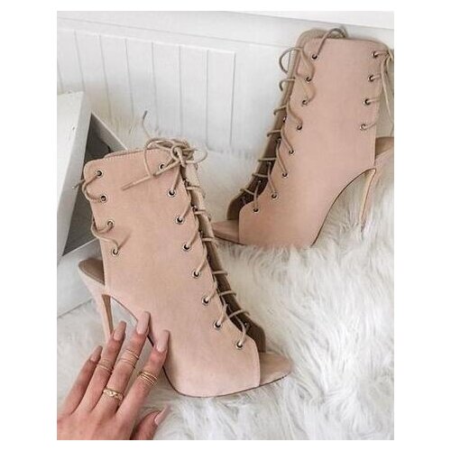 Hot Selling Nude Suede Lace-up Boots Sexy Open Toe Woman High Heel Boots 2019 Cutouts Gladiator Sandal Boots Ankle Boots