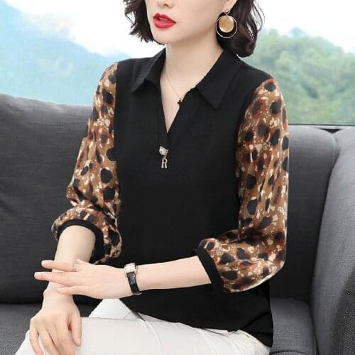 Women Spring Summer Style Chiffon Blouses Shirts Lady Casual V-Neck Half Sleeve Leopard Patchwork Blusas Tops ZZ0548