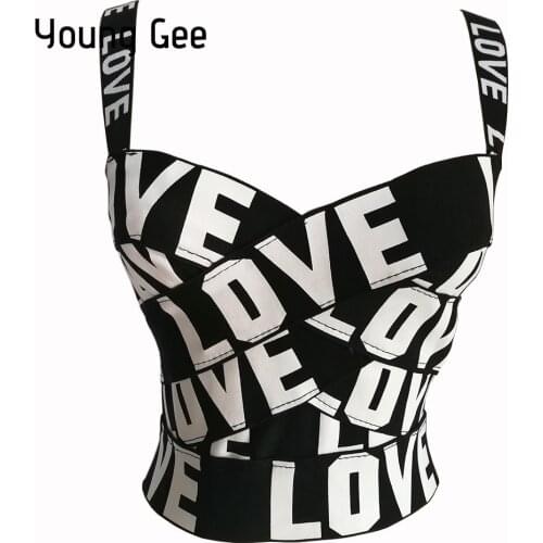 Young Gee LOVE Print Black Tank Tops Cropped Women All-matched Bustier Crop Top Short Mini Tight Bandage Vest Female Streetwear