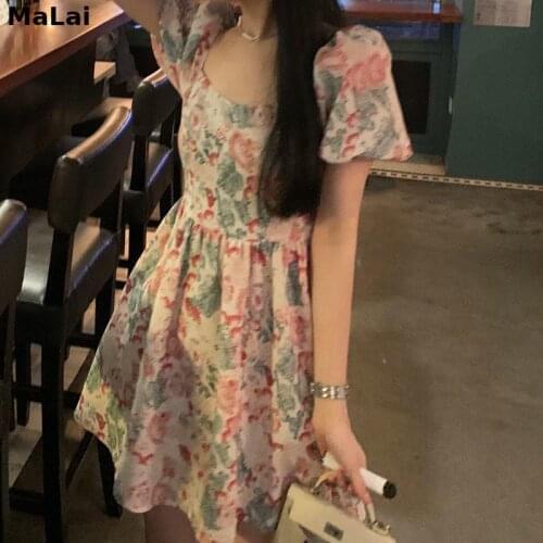One Piece Dress Korean Square Collar Puff Sleeve Floral Dress 2021 Summer Women Office Lady Casual Design Elegant Vintage Dress