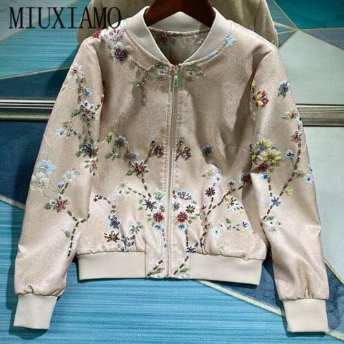 MIUXIMAO High Quality 2020 Office Lady Fall Coat Casual Full Sleeve Beading 3D Flower Pink Embroidery Jacket Women vestidos