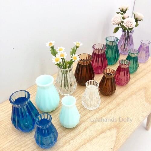 1:12 Dollhouse Mini Flowers Glass Vase Miniature Model for Dollhouse Living Room Furniture Decoration Accessories