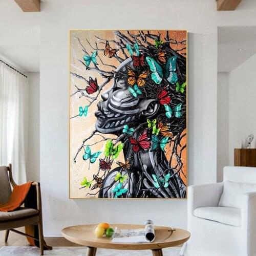 Abstract Woman Face butterfly Graffiti poster Oil Painting on Canvas Posters and Prints Pop Wall Art for Living Room Decor