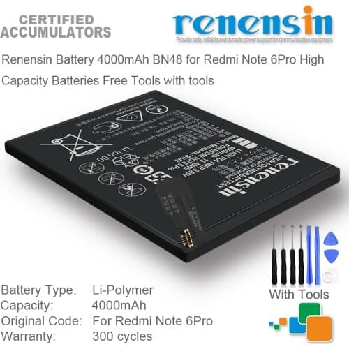 Renensin Battery 4000mAh BN48 for Redmi Note 6Pro High Capacity Batteries Free Tools with tools