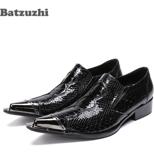 Batzuzhi Pointed Metal Tip Mens Shoes Black Patent Leather Fish cales Pattern Leather Oxford Shoes Formal Business Leather Shoe