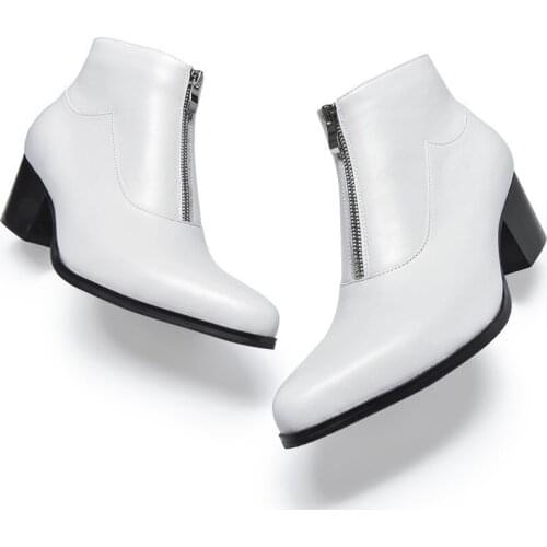 Fleece Warm High Heel Genuine Leather Boots Men Pointed White Black Zipper Work Ankle Boots England Style Fashion Dress Shoes